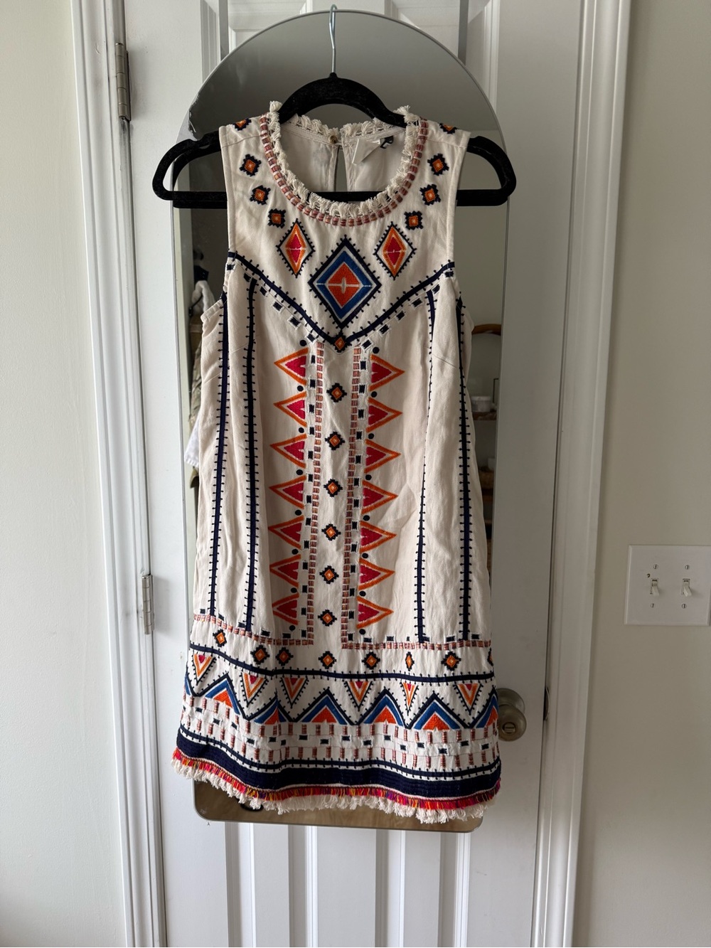 Anthropologie Cream Mini Dress with Navy, Orange & Red Embroidery